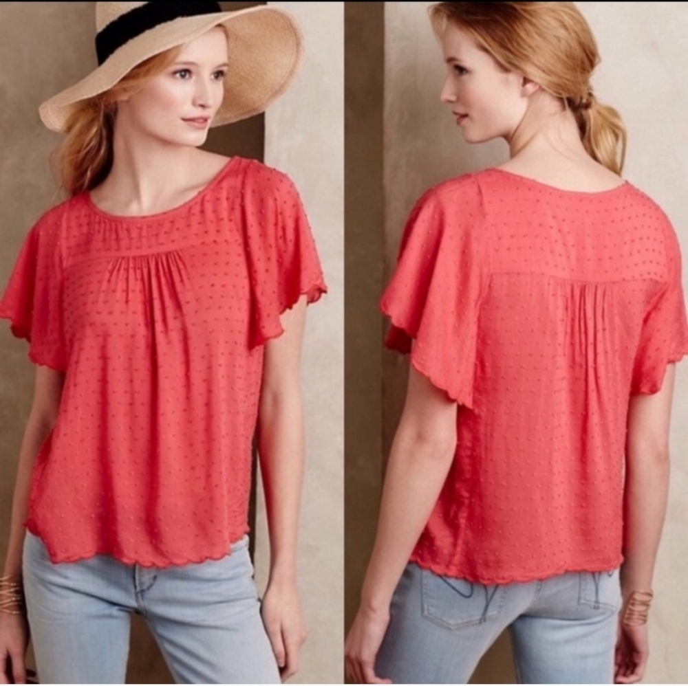 Maeve Antro Swiss Dot Coral Scallop Hem & Flutter Cap Sleeves Women's Top Sz 2